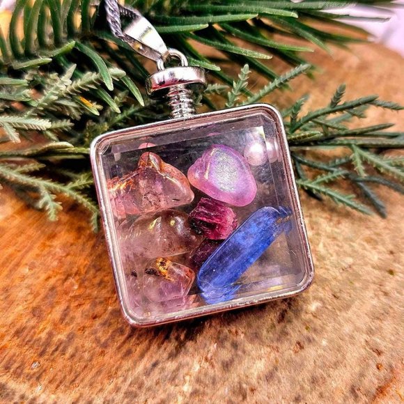 Nature Super Seven Mixed Floating Crystals Square Pendant Necklace - Picture 9 of 10